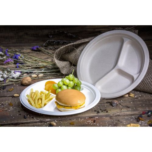  Harvest Pack [125 COUNT] 10 in Round Disposable Plates with 3 Compartments - Natural Sugarcane Bagasse Bamboo Fibers Sturdy Compostable Eco Friendly Environmental Paper Plate Alternative 100% b