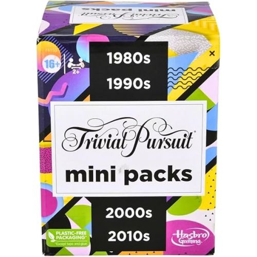 해즈브로 Hasbro Gaming Trivial Pursuit Mini Packs Multipack, Fun Trivia Questions for Adults and Teens Ages 16+, includes 4 Game Featuring 4 Decades