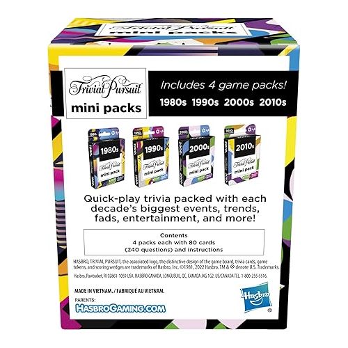 해즈브로 Hasbro Gaming Trivial Pursuit Mini Packs Multipack, Fun Trivia Questions for Adults and Teens Ages 16+, Includes 4 Game Featuring 4 Decades