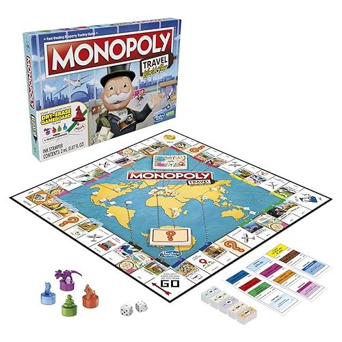 해즈브로 Hasbro Gaming Monopoly World Tour Board Game with Token Stampers and Dry-Erase Gameboard for Family Game Night
