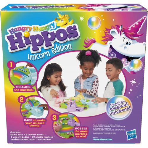 해즈브로 Hasbro Gaming Hungry Hungry Hippos Unicorn Edition Board Game; Pre-School Game for Kids ages 4 and Up; For 2 to 4 Players