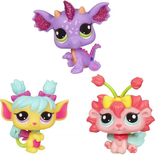 해즈브로 Hasbro Littlest Pet Shop Fairies Glistening Garden Exclusive 3Pack PURPLE Dragon, Rose Daffodil