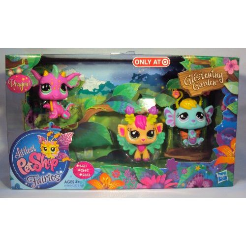 해즈브로 Hasbro Littlest Pet Shop Fairies Glistening Garden Exclusive 3Pack PINK Dragon, Daylily Lavender