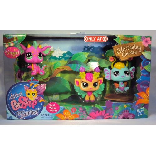 해즈브로 Hasbro Littlest Pet Shop Fairies Glistening Garden Exclusive 3Pack PINK Dragon, Daylily Lavender