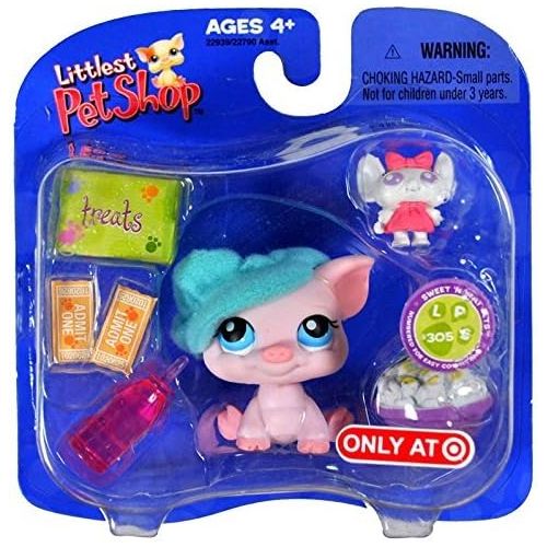 해즈브로 Hasbro Year 2006 Littlest Pet Shop Exclusive Single Pack Sweet N Neat Pets Series Bobble Head Pet Figure Set #305 - Movie Night PIG with Mouse Toy, Bowl of Popcorn and Water Bottle