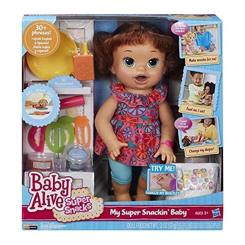 해즈브로 Baby Alive Super Snacks Snackin Sara Brunette Adorable Baby Doll Food Snack Shaper Diaper Poops Talks EnglishSpanish