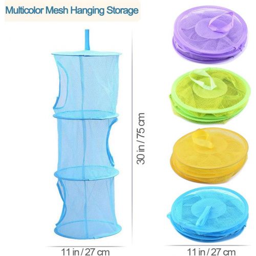  4Pcs Hanging Mesh Space Saver Bags Organizer, Hatisan Foldable 3 Compartments Toy Storage Basket for Travel, Kids Room, Bathroom and Balcony - Portable & Practical(Assorted Colors)