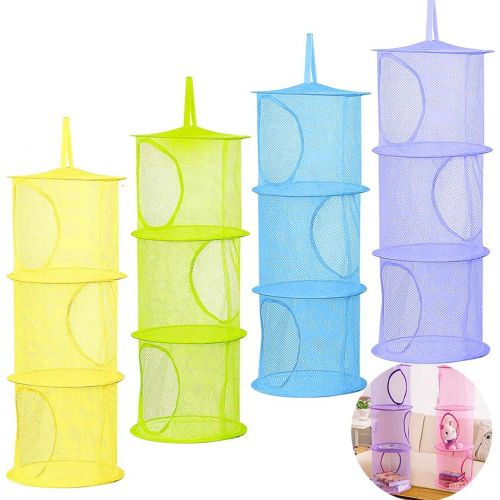  4Pcs Hanging Mesh Space Saver Bags Organizer, Hatisan Foldable 3 Compartments Toy Storage Basket for Travel, Kids Room, Bathroom and Balcony - Portable & Practical(Assorted Colors)