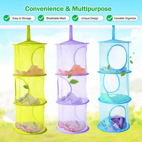  4Pcs Hanging Mesh Space Saver Bags Organizer, Hatisan Foldable 3 Compartments Toy Storage Basket for Travel, Kids Room, Bathroom and Balcony - Portable & Practical(Assorted Colors)