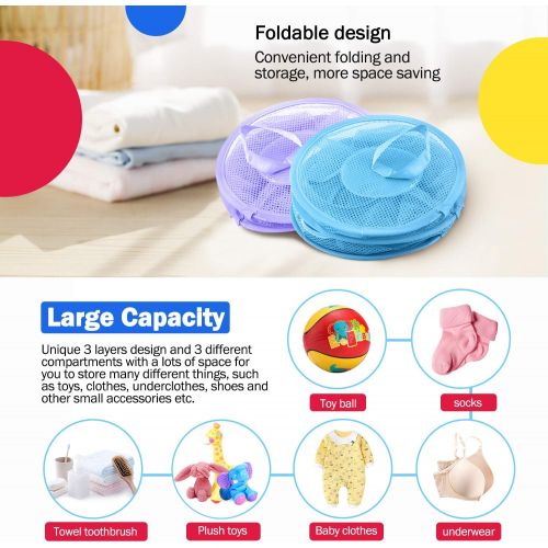  4Pcs Hanging Mesh Space Saver Bags Organizer, Hatisan Foldable 3 Compartments Toy Storage Basket for Travel, Kids Room, Bathroom and Balcony - Portable & Practical(Assorted Colors)