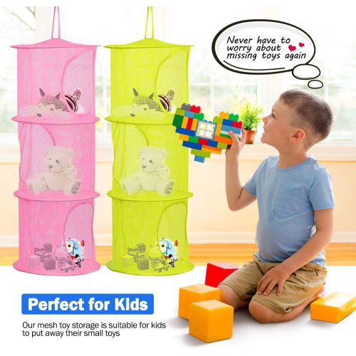  4Pcs Hanging Mesh Space Saver Bags Organizer, Hatisan Foldable 3 Compartments Toy Storage Basket for Travel, Kids Room, Bathroom and Balcony - Portable & Practical(Assorted Colors)