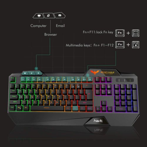  [아마존 핫딜] Havit HAVIT Rainbow Backlit Wired Gaming Keyboard 104 Keys LED USB Ergonomic Wrist Rest Keyboard for Windows PC Gamer Desktop, Computer (Black)