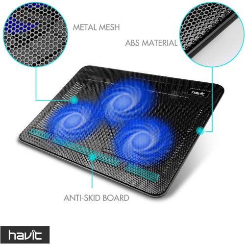  [아마존 핫딜] havit HV-F2056 15.6-17 Laptop Cooler Cooling Pad - Slim Portable USB Powered (3 Fans), Black/Blue