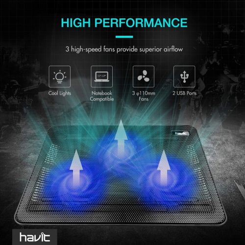  [아마존 핫딜] havit HV-F2056 15.6-17 Laptop Cooler Cooling Pad - Slim Portable USB Powered (3 Fans), Black/Blue