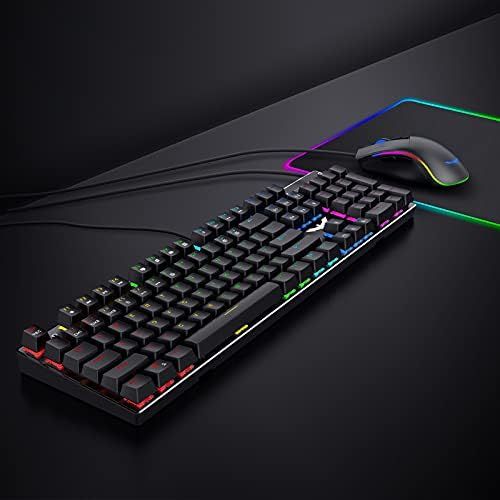  Mechanical Keyboard and Mouse, Havit Wired Gaming Keyboard Blue Switch 104 Keys Rainbow Backlit Keyboard and 7 Button Wired Mouse 4800 DPI for PC Computer Gamer (Black)