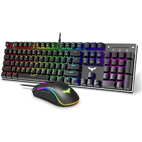  Mechanical Keyboard and Mouse, Havit Wired Gaming Keyboard Blue Switch 104 Keys Rainbow Backlit Keyboard and 7 Button Wired Mouse 4800 DPI for PC Computer Gamer (Black)