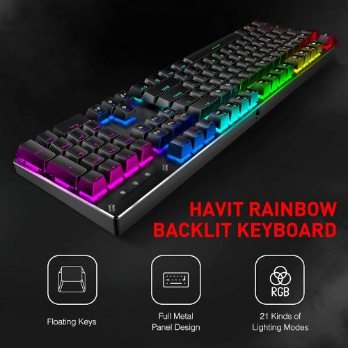  Mechanical Keyboard and Mouse, Havit Wired Gaming Keyboard Blue Switch 104 Keys Rainbow Backlit Keyboard and 7 Button Wired Mouse 4800 DPI for PC Computer Gamer (Black)