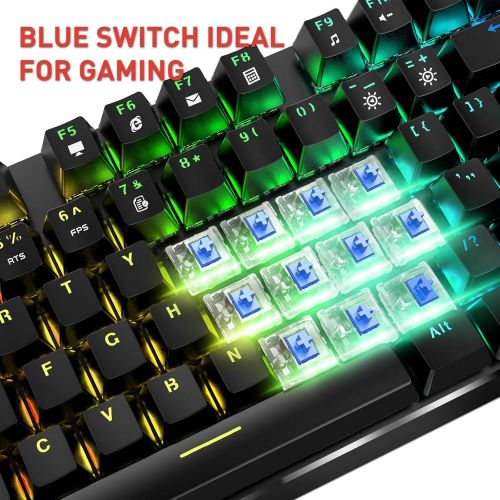  Mechanical Keyboard and Mouse, Havit Wired Gaming Keyboard Blue Switch 104 Keys Rainbow Backlit Keyboard and 7 Button Wired Mouse 4800 DPI for PC Computer Gamer (Black)