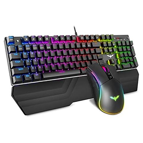  Havit Mechanical Keyboard and Mouse Combo RGB Gaming 104 Keys Blue Switches Wired USB Keyboards with Detachable Wrist Rest, Programmable Gaming Mouse for PC Gamer Computer Desktop