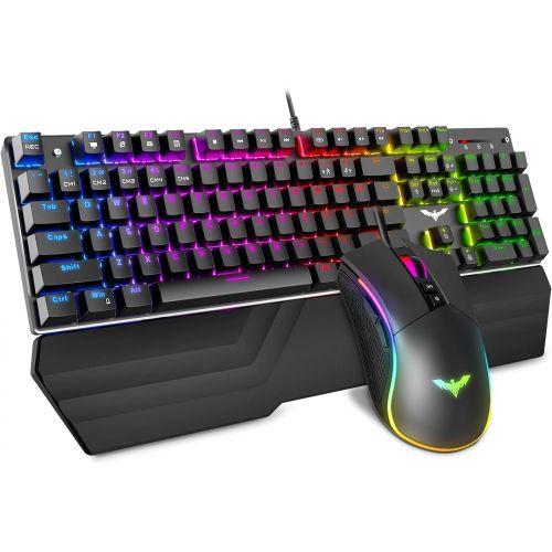  Havit Mechanical Keyboard and Mouse Combo RGB Gaming 104 Keys Blue Switches Wired USB Keyboards with Detachable Wrist Rest, Programmable Gaming Mouse for PC Gamer Computer Desktop