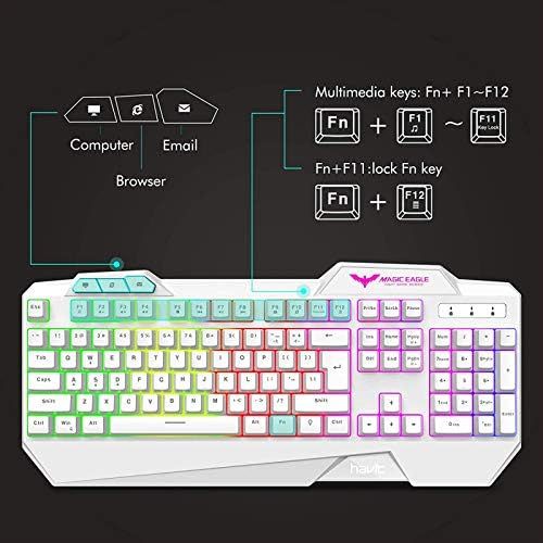  havit Keyboard Rainbow Backlit Wired Gaming Keyboard Mouse Combo, LED 104 Keys USB Ergonomic Wrist Rest Keyboard, 4800 DPI Mouse for PC Gamer (White)