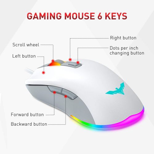  havit Keyboard Rainbow Backlit Wired Gaming Keyboard Mouse Combo, LED 104 Keys USB Ergonomic Wrist Rest Keyboard, 4800 DPI Mouse for PC Gamer (White)