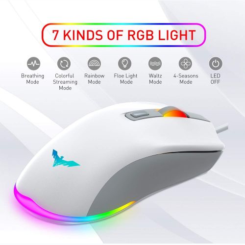  havit Keyboard Rainbow Backlit Wired Gaming Keyboard Mouse Combo, LED 104 Keys USB Ergonomic Wrist Rest Keyboard, 4800 DPI Mouse for PC Gamer (White)