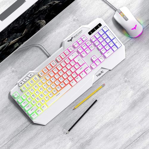  havit Keyboard Rainbow Backlit Wired Gaming Keyboard Mouse Combo, LED 104 Keys USB Ergonomic Wrist Rest Keyboard, 4800 DPI Mouse for PC Gamer (White)