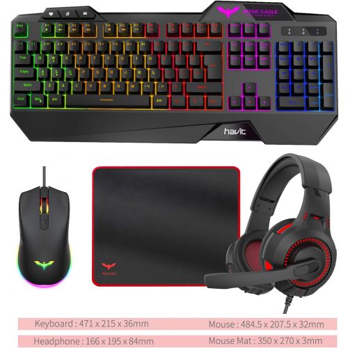  havit Gaming Keyboard Mouse Headset & Mouse Pad Kit, Rainbow LED Backlit Wired, Over Ear Headphone with Mic for PC Computer, Laptop and more