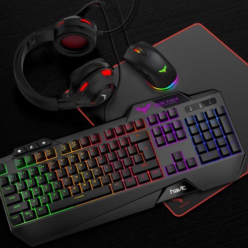  havit Gaming Keyboard Mouse Headset & Mouse Pad Kit, Rainbow LED Backlit Wired, Over Ear Headphone with Mic for PC Computer, Laptop and more