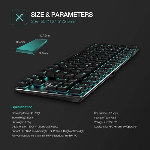  Mechanical Keyboard HAVIT Backlit Wired Gaming Keyboard Extra-Thin & Light, Kailh Latest Low Profile Blue Switches, 87 Keys N-Key Rollover (Black)