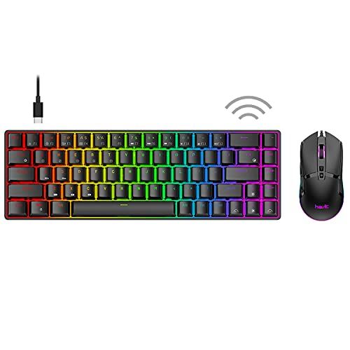  Havit 60% Wireless Mechanical Keyboard and Wired Mouse, Bluetooth 5.1 & Type C Wired 68 Keys Gaming Keyboard Brown Switch,Programmable Gaming Mouse for Multi-Device PC Laptop Gamer