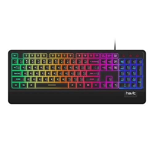  Havit Wired LED Keyboard, Rainbow Backlit Computer Keyboard Ergonomic LED Gaming Keyboards Wrist Rest 104 Keys for Office PC Desktop Laptop Game Black