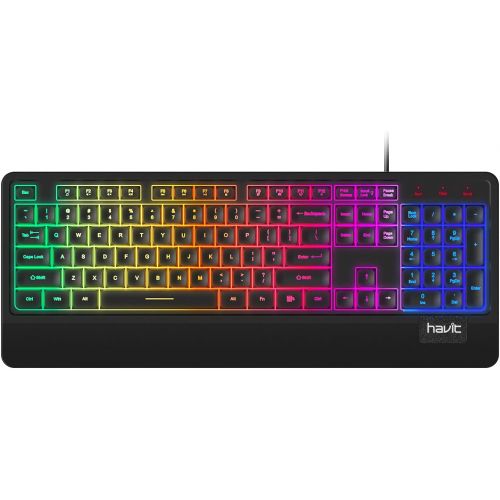  Havit Wired LED Keyboard, Rainbow Backlit Computer Keyboard Ergonomic LED Gaming Keyboards Wrist Rest 104 Keys for Office PC Desktop Laptop Game Black