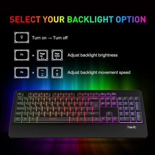  Havit Wired LED Keyboard, Rainbow Backlit Computer Keyboard Ergonomic LED Gaming Keyboards Wrist Rest 104 Keys for Office PC Desktop Laptop Game Black