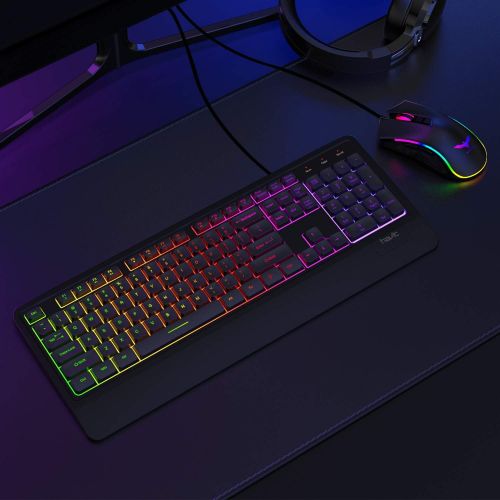  Havit Wired LED Keyboard, Rainbow Backlit Computer Keyboard Ergonomic LED Gaming Keyboards Wrist Rest 104 Keys for Office PC Desktop Laptop Game Black