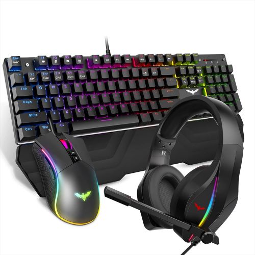  HAVIT Wired Mechanical Gaming Keyboard Mouse Headset Combo Kit, Blue Switch RGB Keyboards, Gaming Mouse & RGB Headphones PC Gamer Bundles for Windows Computer