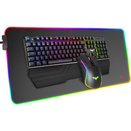  Havit Mechanical Keyboard and Mouse Combo RGB Gaming 104 Keys Blue Switches Wired USB Keyboards with Detachable Wrist Rest, Programmable Mouse, RGB Large Gaming Mouse Pad for PC Ga