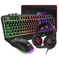 havit Gaming Keyboard Mouse Headset & Mouse Pad Kit, Rainbow LED Backlit Wired, Over Ear Headphone with Mic for PC Computer, Laptop and more