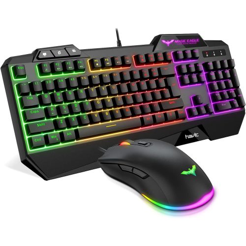  havit Wired Gaming Keyboard Mouse Combo LED Rainbow Backlit Gaming Keyboard RGB Gaming Mouse Ergonomic Wrist Rest 104 Keys Keyboard Mouse 4800 DPI for Windows & Mac PC Gamers (Blac