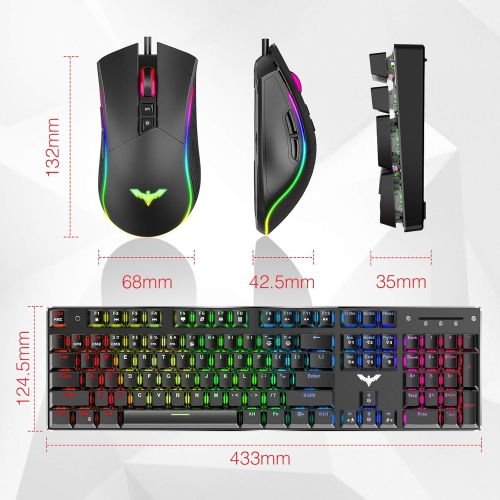  Mechanical Keyboard and Mouse, Havit Wired Gaming Keyboard Blue Switch 104 Keys Rainbow Backlit Keyboard and 7 Button Wired Mouse 4800 DPI for PC Computer Gamer (Black)