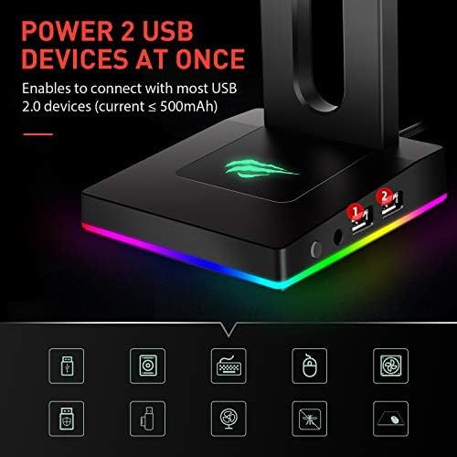  Havit RGB Headphones Stand with 3.5mm AUX and 2 USB Ports, Headphone Holder for Gamers Gaming PC Accessories Desk