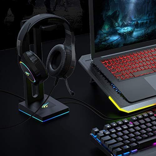  Havit RGB Headphones Stand with 3.5mm AUX and 2 USB Ports, Headphone Holder for Gamers Gaming PC Accessories Desk