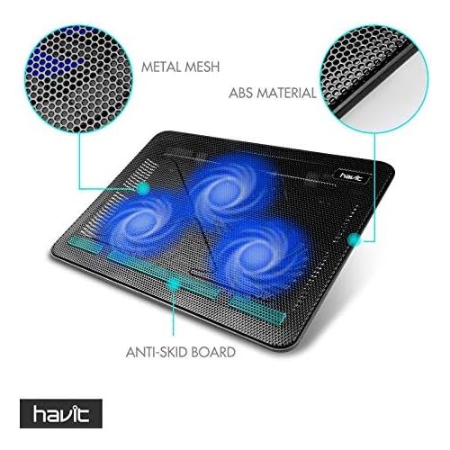  [아마존베스트]havit HV-F2056 15.6-17 Laptop Cooler Cooling Pad - Slim Portable USB Powered (3 Fans), Black/Blue