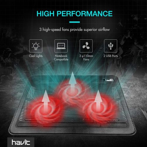  [아마존베스트]Havit HV-F2056 15.6-17 Inch Laptop Cooler Cooling Pad - Slim Portable USB Powered (3 Fans) (Black+Red)