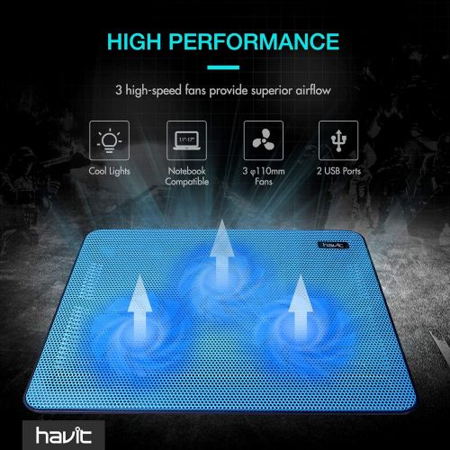  [아마존베스트]havit HV-F2056 15.6-17 Inch Laptop Cooler Cooling Pad - Slim Portable USB Powered (3 Fans) (Blue)