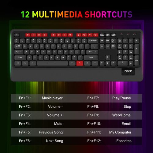  [아마존베스트]Havit Wired Keyboard, USB Quiet Backlit Computer Keyboard Ergonomic LED Gaming Keyboards Wrist Rest 104 Keys for Office PC Desktop Laptop Game Black