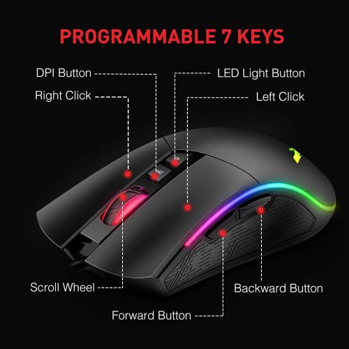  [아마존베스트]Havit RGB Gaming Mouse Wired Programmable Ergonomic USB Mice 4800 Dots Per Inch 7 Buttons & 7 Color Backlit for Laptop PC Gamer Computer Desktop