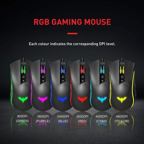  [아마존베스트]Havit RGB Gaming Mouse Wired Programmable Ergonomic USB Mice 4800 Dots Per Inch 7 Buttons & 7 Color Backlit for Laptop PC Gamer Computer Desktop