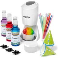 Hawaiian Shaved Ice Machine Kit - 3 Flavors, 25 Cups, Straws, Pourers, Ice Molds